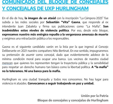 Hurlingham: fuerte repudio del bloque de concejales de UxP por una amenaza mafiosa de un hombre de Zabaleta